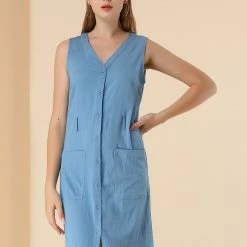 Allegra K Women's V Neck Sleeveless Button Up Split Above The Knee Dress With Belt