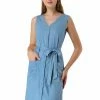 Allegra K Women's V Neck Sleeveless Button Up Split Above The Knee Dress With Belt