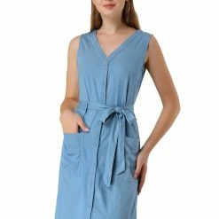 Allegra K Women's V Neck Sleeveless Button Up Split Above The Knee Dress With Belt