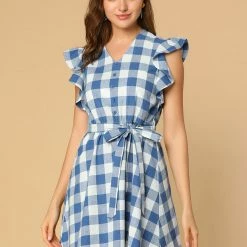 Allegra K Women's Ruffled Sleeve Belted Vintage Check Plaids Dress