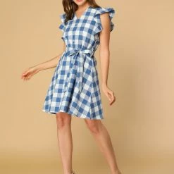 Allegra K Women's Ruffled Sleeve Belted Vintage Check Plaids Dress
