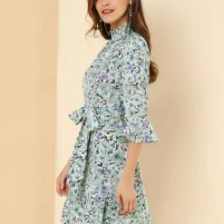 Allegra K Women's Floral 3/4 Bell Sleeve Smocked Belted Flare Ruffle Dress