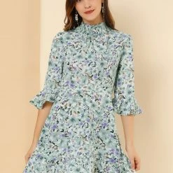 Allegra K Women's Floral 3/4 Bell Sleeve Smocked Belted Flare Ruffle Dress