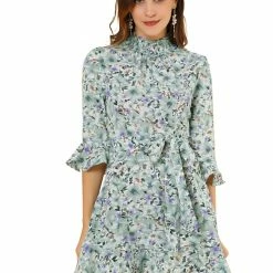 Allegra K Women's Floral 3/4 Bell Sleeve Smocked Belted Flare Ruffle Dress