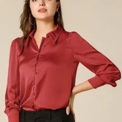 Allegra K Women's Satin Blouse Puff Sleeve Point Collar Vintage Button Up Shirt Tops