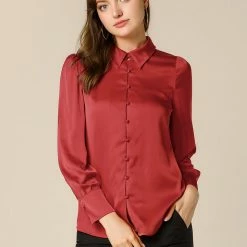 Allegra K Women's Satin Blouse Puff Sleeve Point Collar Vintage Button Up Shirt Tops
