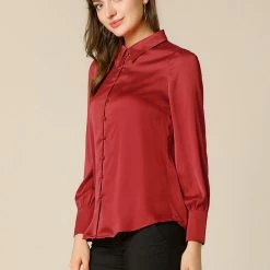 Allegra K Women's Satin Blouse Puff Sleeve Point Collar Vintage Button Up Shirt Tops