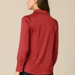 Allegra K Women's Satin Blouse Puff Sleeve Point Collar Vintage Button Up Shirt Tops