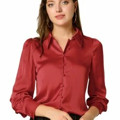 Allegra K Women's Satin Blouse Puff Sleeve Point Collar Vintage Button Up Shirt Tops