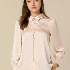 Allegra K Women's Satin Blouse Puff Sleeve Point Collar Vintage Button Up Shirt Tops