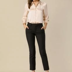 Allegra K Women's Satin Blouse Puff Sleeve Point Collar Vintage Button Up Shirt Tops