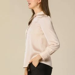 Allegra K Women's Satin Blouse Puff Sleeve Point Collar Vintage Button Up Shirt Tops