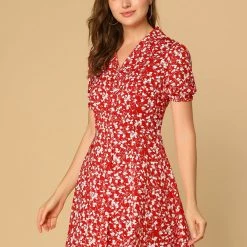 Allegra K Women's Vintage Floral Short Sleeve Camp Collar Button Up A-Line Dress