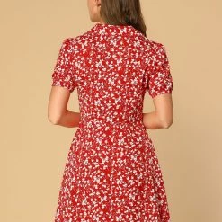 Allegra K Women's Vintage Floral Short Sleeve Camp Collar Button Up A-Line Dress