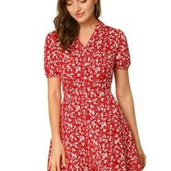 Allegra K Women's Vintage Floral Short Sleeve Camp Collar Button Up A-Line Dress