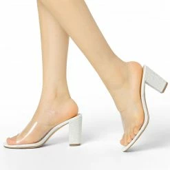 Allegra K Shoes Women's Glitter Chunky Heel Clear Slides Sandals 23 Allegra K Shoes Women's Glitter Chunky Heel Clear Slides Sandals