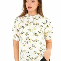 Allegra K Women's Ruffled Neckline Half Placket Short Sleeve Floral Print Blouse 11 Allegra K Women's Ruffled Neckline Half Placket Short Sleeve Floral Print Blouse