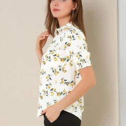 Allegra K Women's Ruffled Neckline Half Placket Short Sleeve Floral Print Blouse 13 Allegra K Women's Ruffled Neckline Half Placket Short Sleeve Floral Print Blouse