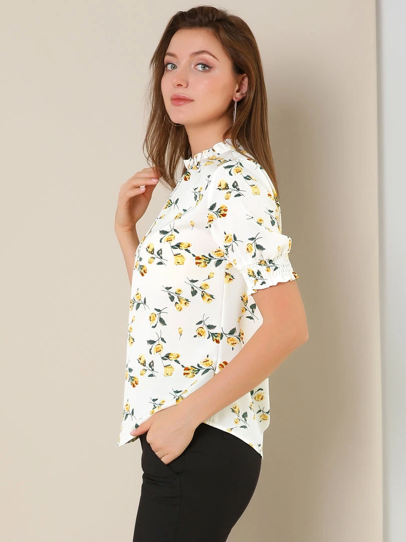 Allegra K Women's Ruffled Neckline Half Placket Short Sleeve Floral Print Blouse 7 Allegra K Women's Ruffled Neckline Half Placket Short Sleeve Floral Print Blouse