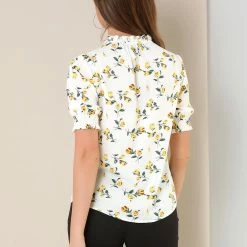 Allegra K Women's Ruffled Neckline Half Placket Short Sleeve Floral Print Blouse 14 Allegra K Women's Ruffled Neckline Half Placket Short Sleeve Floral Print Blouse