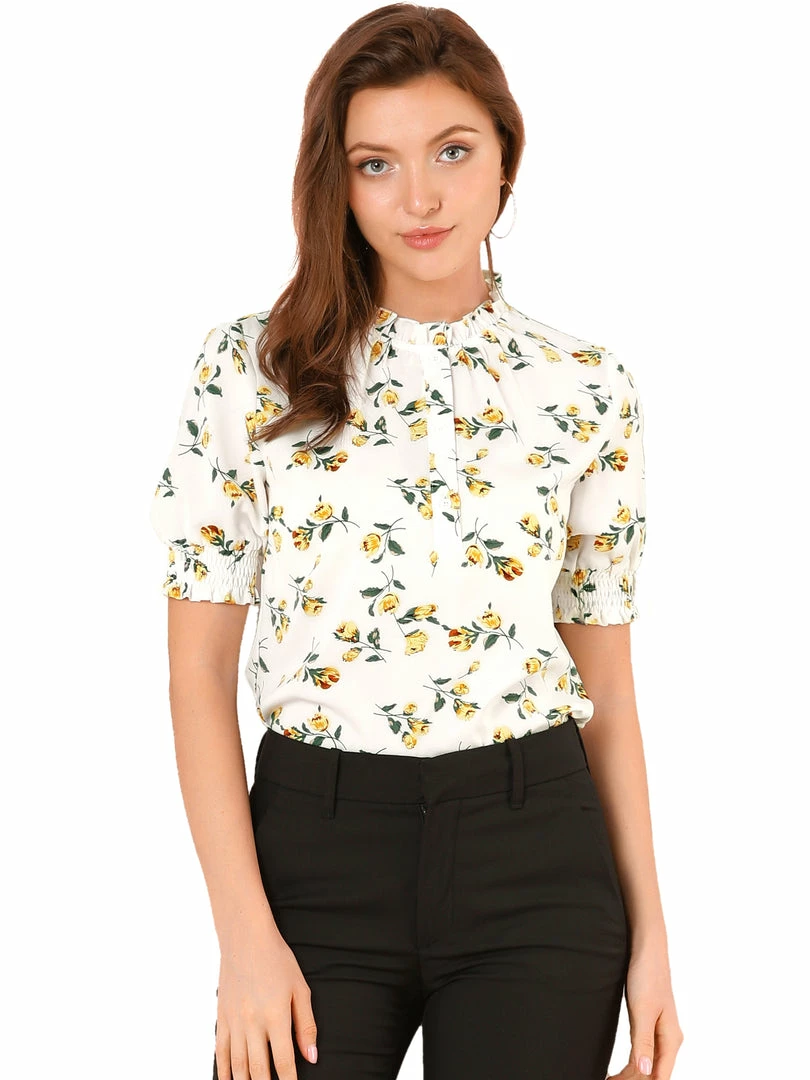Allegra K Women's Ruffled Neckline Half Placket Short Sleeve Floral Print Blouse 4 Allegra K Women's Ruffled Neckline Half Placket Short Sleeve Floral Print Blouse