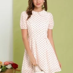 Allegra K Women's Heart Print Dresses Puff Short Sleeve Chiffon Peter Pan Collar A Line Mini Dress