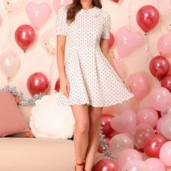 Allegra K Women's Heart Print Dresses Puff Short Sleeve Chiffon Peter Pan Collar A Line Mini Dress