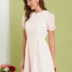 Allegra K Women's Heart Print Dresses Puff Short Sleeve Chiffon Peter Pan Collar A Line Mini Dress