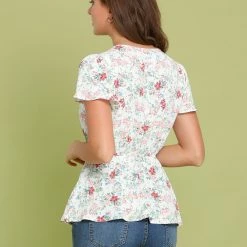 Allegra K Women's Floral Print Short Sleeves High Waist Tie Neck Peplum Top