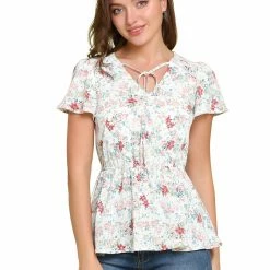 Allegra K Women's Floral Print Short Sleeves High Waist Tie Neck Peplum Top