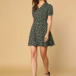 Allegra K Women's Button Front Floral Print V Neck Short Sleeve Above Knee Shirt Dress 28 Allegra K Women's Button Front Floral Print V Neck Short Sleeve Above Knee Shirt Dress