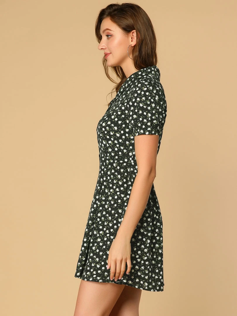 Allegra K Women's Button Front Floral Print V Neck Short Sleeve Above Knee Shirt Dress 12 Allegra K Women's Button Front Floral Print V Neck Short Sleeve Above Knee Shirt Dress
