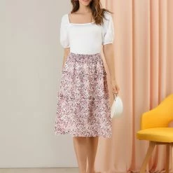 Allegra K Women's Floral Print Skirts Smocked Elastic Waist Knee Length Flowy Tiered Ruffle Skirt