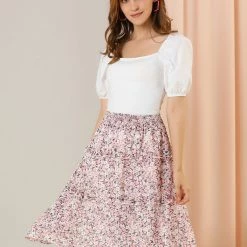 Allegra K Women's Floral Print Skirts Smocked Elastic Waist Knee Length Flowy Tiered Ruffle Skirt