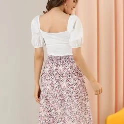 Allegra K Women's Floral Print Skirts Smocked Elastic Waist Knee Length Flowy Tiered Ruffle Skirt