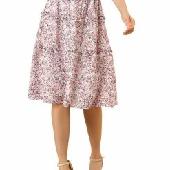 Allegra K Women's Floral Print Skirts Smocked Elastic Waist Knee Length Flowy Tiered Ruffle Skirt