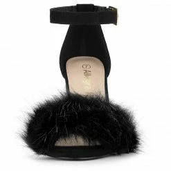 Allegra K Shoes Women's Ankle Strap Faux Fur Block Heels Sandals