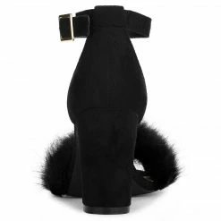 Allegra K Shoes Women's Ankle Strap Faux Fur Block Heels Sandals