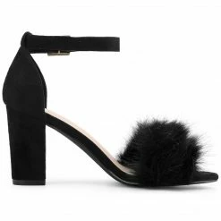 Allegra K Shoes Women's Ankle Strap Faux Fur Block Heels Sandals