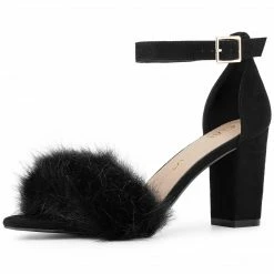 Allegra K Shoes Women's Ankle Strap Faux Fur Block Heels Sandals