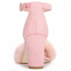Allegra K Shoes Women's Ankle Strap Faux Fur Block Heels Sandals