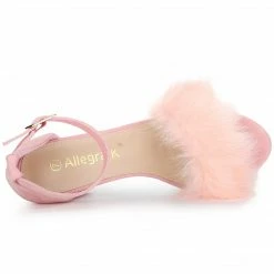Allegra K Shoes Women's Ankle Strap Faux Fur Block Heels Sandals