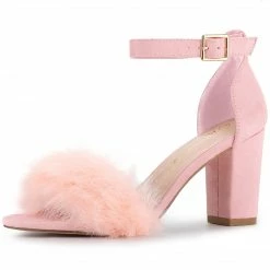 Allegra K Shoes Women's Ankle Strap Faux Fur Block Heels Sandals