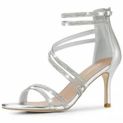Allegra K Shoes Women's Ankle Strap Rhinestone Stiletto Heels Sandals