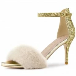 Allegra K Women's Glitter Faux Fur Stiletto Heel Sandals Shoes