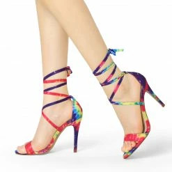 Allegra K Women's Tie Dye Lace Up Stiletto Heel Sandals