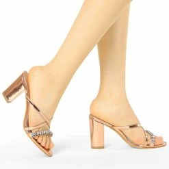 Allegra K Shoes Women's Crisscross Strap Rhinestone Block Heel Slide Sandals