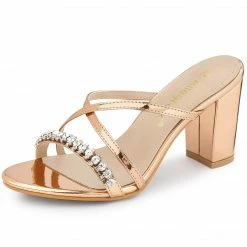 Allegra K Shoes Women's Crisscross Strap Rhinestone Block Heel Slide Sandals