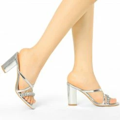 Allegra K Shoes Women's Crisscross Strap Rhinestone Block Heel Slide Sandals