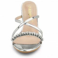 Allegra K Shoes Women's Crisscross Strap Rhinestone Block Heel Slide Sandals